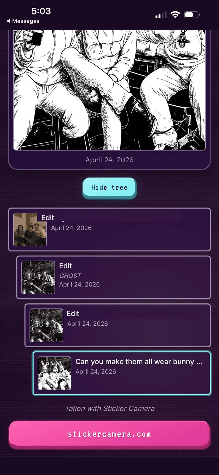 Phone page showing the edit history for the bunny group artwork